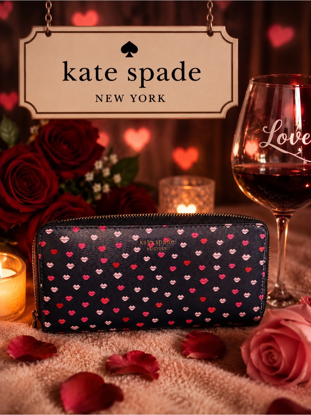 kate spade black zip-around wallet with pink & red lips print